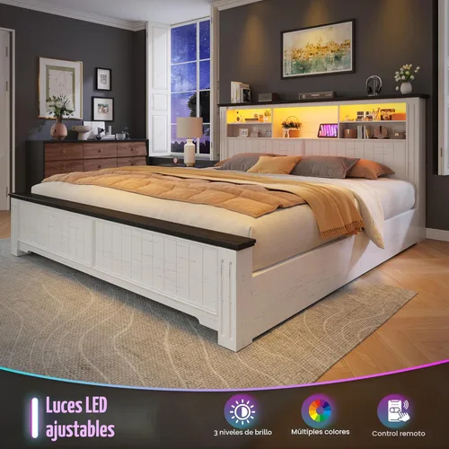 Miniatura 3 de EnHomee Base de cama King y cabecero, marco de cama tamaño King con 4 cajones de almacenamiento, cama King con luces LED y puertos de carga,