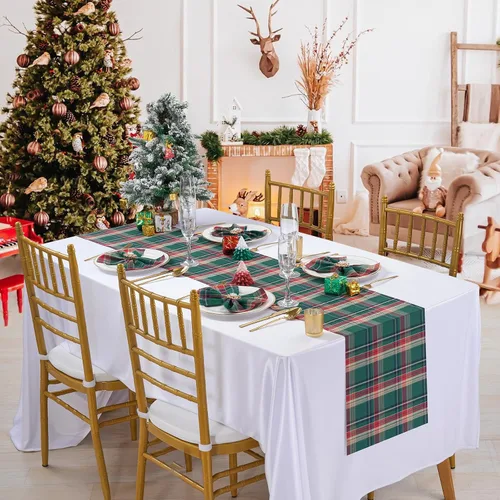 Miniatura 2 de Camino de mesa a cuadros de Navidad de búfalo, camino de mesa rectangular de cuadros de Navidad para decoración de mesa de cena de fiesta de Navidad