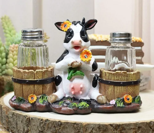 Miniatura 2 de Ebros Gift Preciosa vaca de girasol con barriles de leche de granja antigua, cristal decorativo, salero, pimienta, figurita de resina, 7 pulgadas