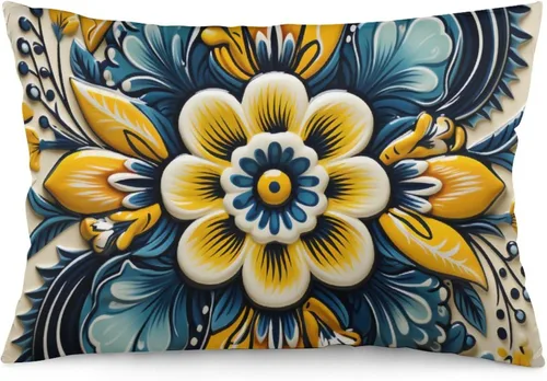 Funda de cojín de azulejos mexicanos azules y amarillos, talavera mexicana, decorativas, rectangulares/de cintura, funda de almohada con cremallera,