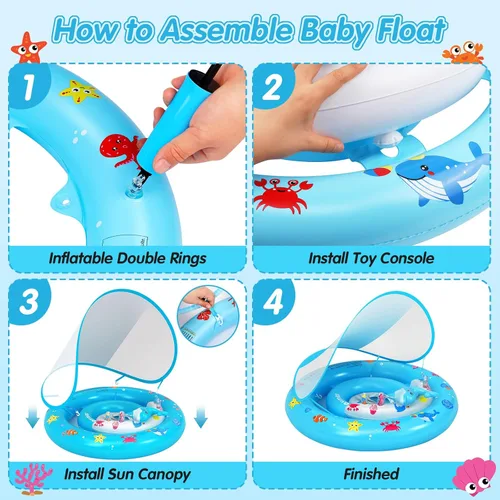 Miniatura 6 de Flotador de piscina para bebé con toldo de protección solar UPF50+, flotador inflable de natación con consola de juegos de animales y bomba de aire