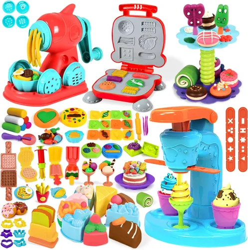 Miniatura 9 de SOCBTNSO Juego de masa 3 en 1, 59 piezas para niños de 4 a 8 años, kit de herramientas de masa con máquina para hacer helados, fideos
