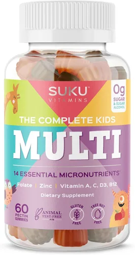 SUKU The Complete Kids - Gomitas multivitamínicas – Vitaminas A, C, D, E, B6, B12, Folato y Zinc – Apoyo inmunológico, sin azúcar, sin gluten, sin