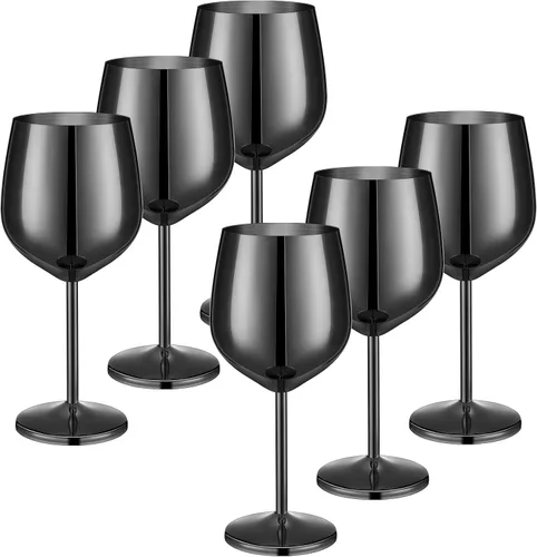 Tessco for you Juego de 6 copas de vino de acero inoxidable de 18 onzas, copas de vino de metal irrompibles, copas doradas para fiestas, bodas, Negro