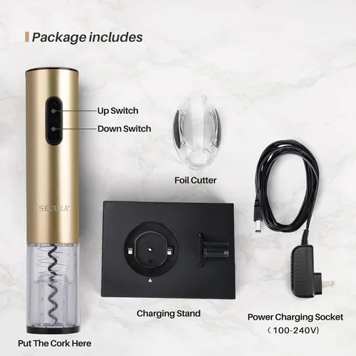 Miniatura 7 de Secura Abridor de vino eléctrico, sacacorchos automático de botellas con cortador de papel de aluminio, recargable (oro champán)