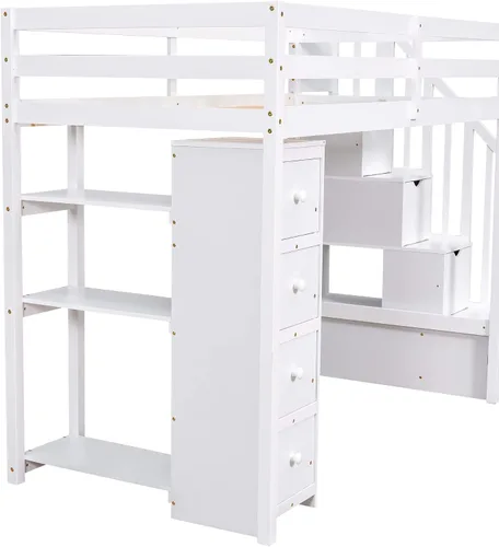 Miniatura 7 de VilroCaz Cama loft multifuncional de tamaño individual con cajones de almacenamiento y escalera, marco de cama de madera maciza con barandilla