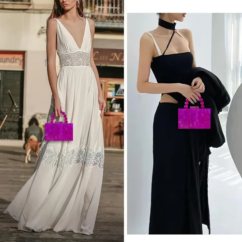 Miniatura 5 de Monederos acrílicos de noche, bolso de mano de mármol para mujer, bolso cruzado con cadena de perlas, formal, boda, fiesta de graduación