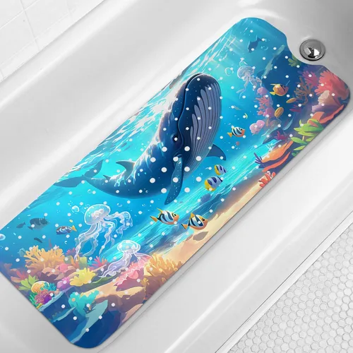 LNOND Alfombra de baño para niños, tapete antideslizante de ballenas azules, con orificios de drenaje y ventosas, lavable a máquina (40 x 16