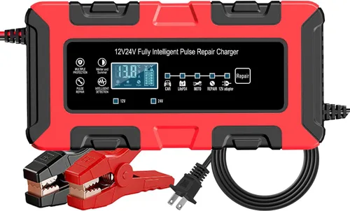 Cargador de batería inteligente de coche de 12 V/24 V, mantenedor de 10 amperios y cargador de goteo, desulfatador con compensación de temperatura,