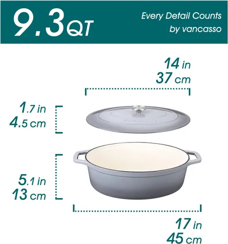 Miniatura 2 de vancasso Horno holandés de hierro fundido esmaltado, olla holandesa de 9.3 cuartos de galón con tapa, olla ovalada de hierro fundido con Gris