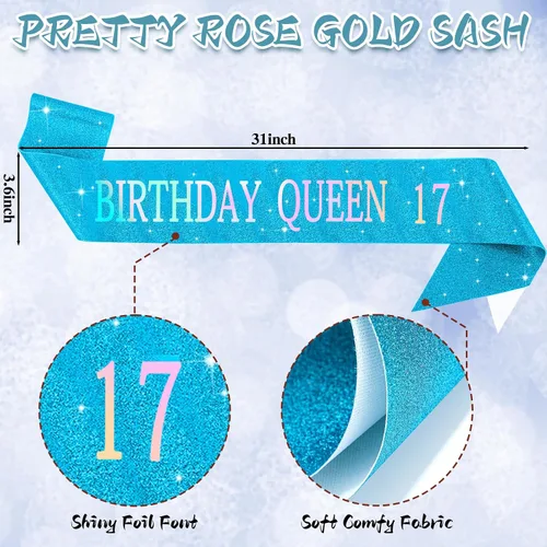 Miniatura 4 de Crowye Decoraciones de cumpleaños número 17, corona de tiara de 17 años, banda, decoración para tartas, velas, suministros para fiestas, regalos Azul