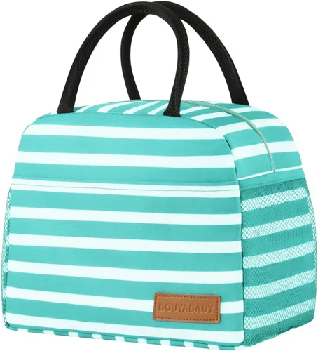 douyadady Bolsa de almuerzo para mujeres/hombres, fiambrera mujeres/hombres (azul bebé+rayas blancas)