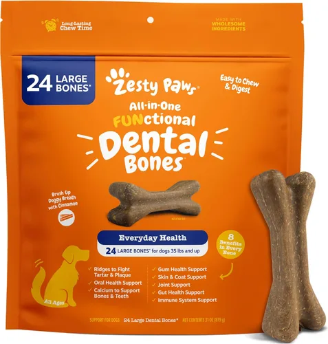 Huesos dentales Zesty Paws - Combate el sarro y la placa - Salud de las encías, dientes y huesos - Canela para el aliento de los perros - Apoyo