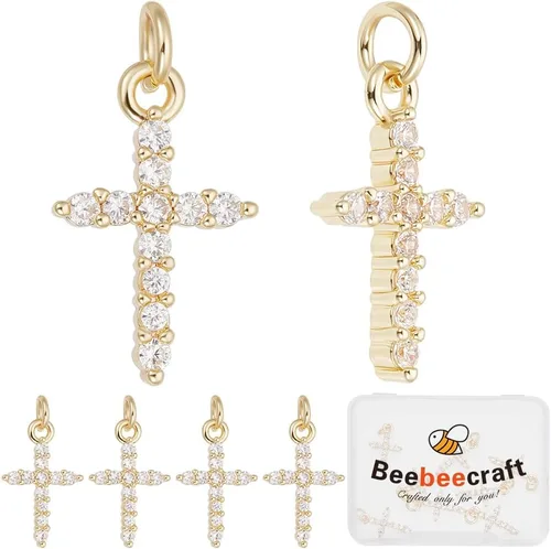 Beebeecraft 1 caja de 10 dijes de cruz de circonita cúbica de oro pequeño con anillo de salto chapado en oro real de 18 quilates de latón