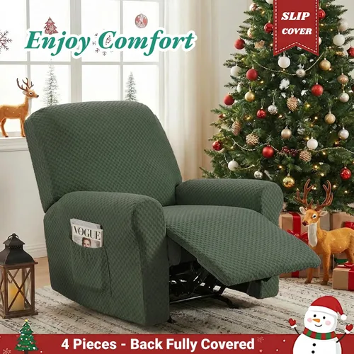 Miniatura 2 de YEMYHOM Funda elástica de 4 piezas para silla reclinable de jacquard con bolsillo lateral, antideslizante, ajustable, protector de muebles con parte