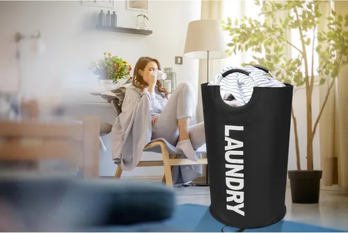 Miniatura 8 de Maxsilan - Cesta de lavandería grande de 90 L, cesta de ropa alta independiente, bolsa de lavandería plegable, color negro