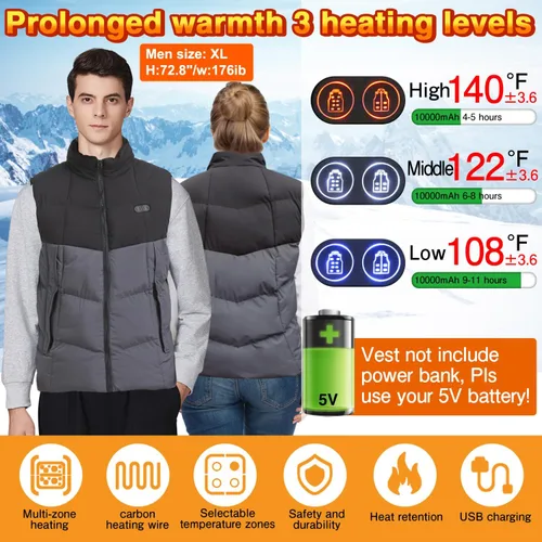 Miniatura 2 de PANGTIKU Chaleco térmico para hombres y mujeres, 17 zonas de calefacción, chaleco eléctrico USB, chaqueta térmica para invierno (batería no incluida)