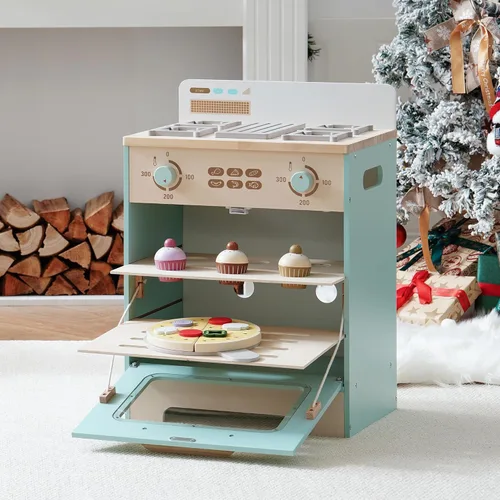 ROBOTIME Juego de cocina de juguete de madera con horno, accesorios de cocina de simulación Montessori con juguetes de comida de pizza y cupcakes,