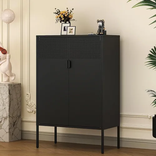 Miniatura 15 de Armario de almacenamiento de metal negro con 2 puertas, soporte de TV de 25 pulgadas de alto, armario de 2 niveles con estantes ajustables, gabinete