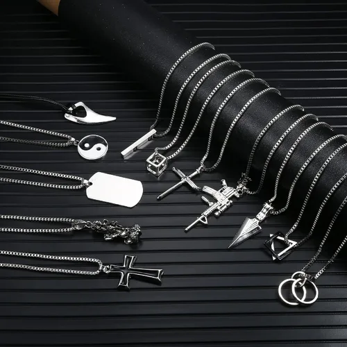 Miniatura 2 de FIASASO Juego de 12 collares con dije de acero inoxidable para hombre, collar gótico genial, cruz gótica, placa de perro Yin Yang, triangular, juego