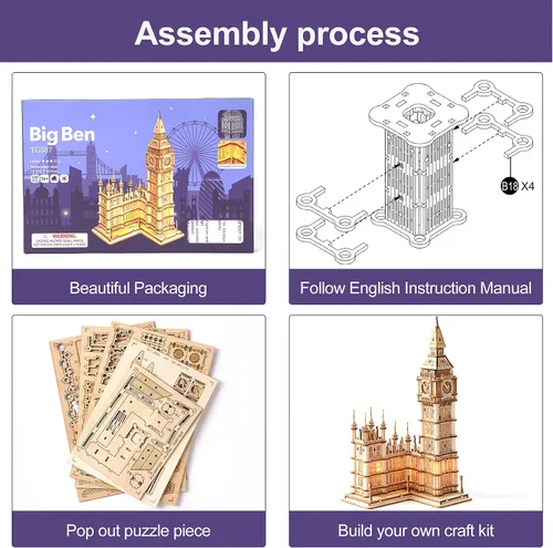 Miniatura 5 de Rowood Rompecabezas 3D para adultos, kit de modelo de madera para manualidades para adultos, regalos para mayores de 14 años, Big Ben