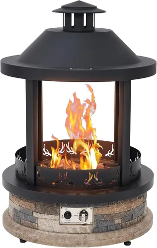 Miniatura 9 de Chimenea de gas exterior de 24 pulgadas, fogata de propano de 55,000 BTU con rocas de lava y cubierta de lluvia, hoguera semiesférica de 3 patas