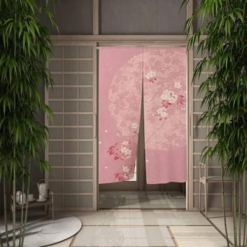 Miniatura 2 de Leowefowa Noren - Cortina de puerta de estilo japonés, estampado de flores rosadas, luna, cortina de puerta, tratamiento de ventana, tapiz