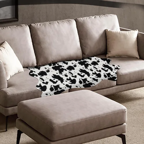Miniatura 5 de Bonita alfombra con estampado de vaca, pequeña de piel sintética de vaca en blanco y negro, alfombra con estampado animal para mesa, dormitorio