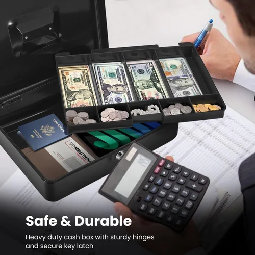 Miniatura 5 de Caja de Dinero Flexzion con Bandeja de Dinero y Cerradura - Caja de Dinero de Metal para Pequeñas Empresas, Caja de Dinero Negra de 9 Compartimentos