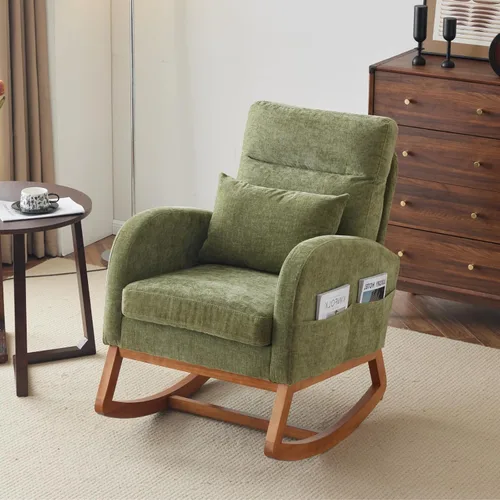 Miniatura 12 de VINGLI Mecedora de Asiento Bajo de Chenilla, Silla Planeadora Tapizada para Guardería con Bolsillos Laterales, Sillón Decorativo con Brazos