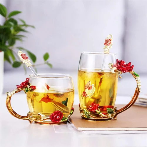 Miniatura 3 de Luka Tech - Tazas de café de vidrio sin plomo con mariposa y flores esmaltadas, taza de té con cuchara de acero, regalos personalizados para Rosa