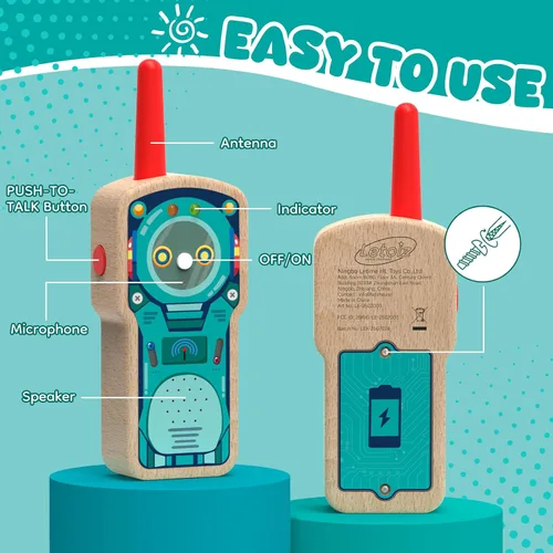 Miniatura 4 de Walkie Talkie Robot de madera para niños de 3 a 8 años, paquete de 2 radios de 2 vías con certificación FSC con rango de 1000 pies, fácil de empujar