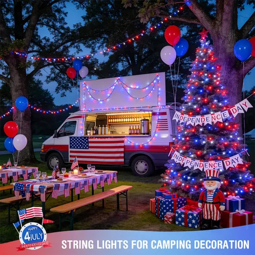 Miniatura 4 de JMEXSUSS 250 luces LED rojas, blancas y azules para decoraciones del 4 de julio, luces patrióticas conectables de 91.5 pies para exteriores