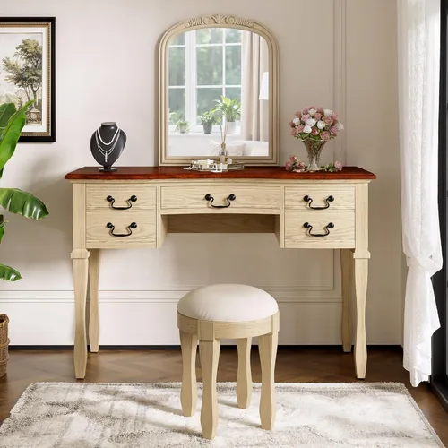 Miniatura 9 de Anwick Vintage Vanity Desk with Adjustable Angle Mirror, Wooden Dressing Table Set for Bedroom with Velvet Fabric Lining 5 Drawers, Girls Vanity Set