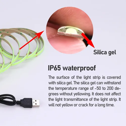 Miniatura 2 de DC 5V USB COB Tira de luz LED verde regulable IP65 resistente al agua alimentada por USB 6.6 pies/2M 640LEDs con regulador de brillo alto cinta