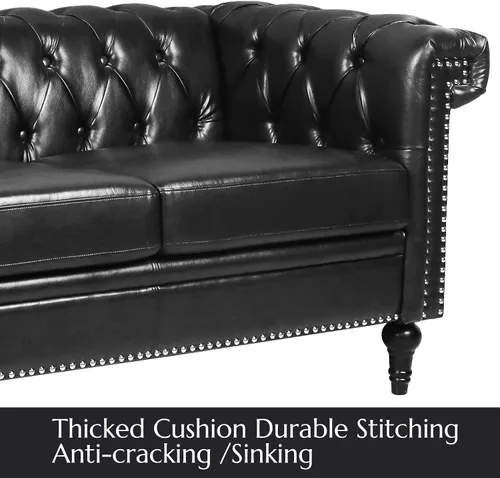 Miniatura 7 de Sofá Chesterfield de piel sintética negra para sala de estar, asiento profundo, cómodo sofá de 3 plazas de gran tamaño, con botones, con cabeza