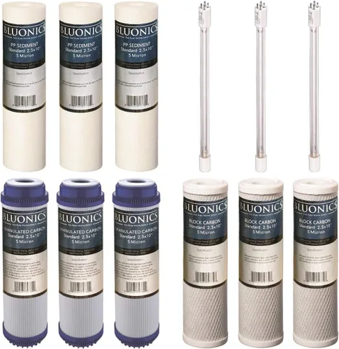 BLUONICS Juego de filtros de agua de repuesto de 12 piezas para nuestro sistema de filtro UV debajo del fregadero de 4 etapas. Bloque de carbono