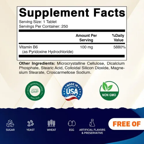 Miniatura 2 de Vitamatic Vitamina B6 (piridoxina HCl) 100 mg – 250 tabletas vegetarianas promueve la producción de energía, aumenta el metabolismo y apoya la salud