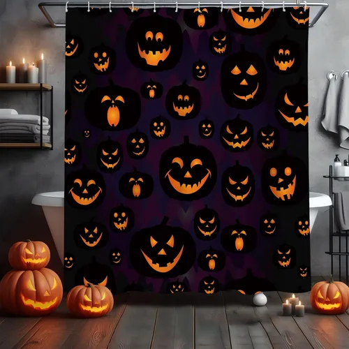 Miniatura 9 de MEHOFOND Cortina de ducha de calabaza de Halloween, cortina de ducha de calabaza malvada, cortinas de ducha de otoño negras para decoración de baño