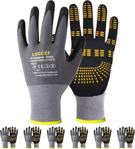 LOCCEF Guantes de trabajo de seguridad con revestimiento de nitrilo de microespuma - 6 pares, nylon sin costuras de resistencia, puntos en la palma,
