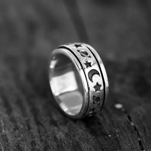 Miniatura 5 de Boho-Magic Anillo giratorio de plata de ley 925 para mujer con luna, estrellas y Saturno
