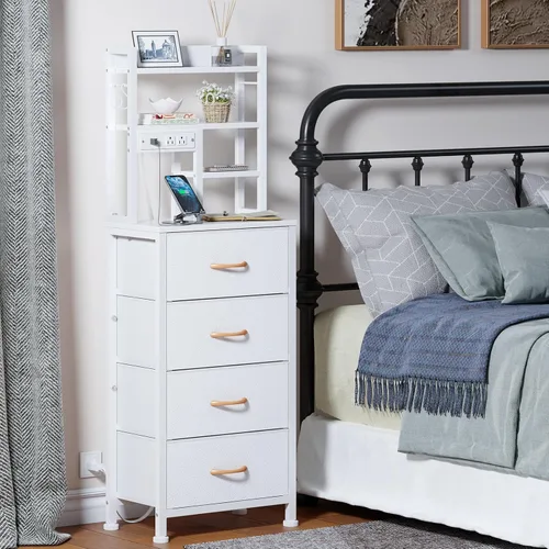 Miniatura 2 de Furnulem - Mesita alta con 3 cajones de tela y luces LED, mesita de noche con estantería, mesas de noche de 45.3 pulgadas de altura con puertos USB