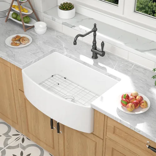 Miniatura 12 de Mocoloo Fregadero de cocina de granja blanco 33 – Fregadero plano de estilo rústico de 33 x 20 x 10 pulgadas, fregadero plano de estilo rústico