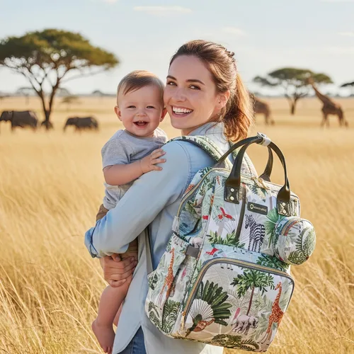 Miniatura 7 de Mochila para pañales de selva tropical, mochila para pañales con diseño de animales con bolsa para monedas, puerto de carga USB, correas para Blanco