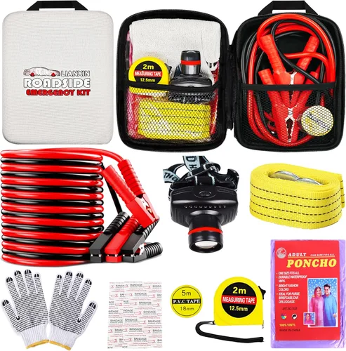 LIANXIN Kit de herramientas de emergencia en carretera para automóvil, kits de emergencia para vehículos automóviles, con kit de cables de puente,