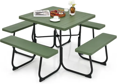 Miniatura 17 de Tangkula Mesa de picnic para 8 personas, mesa de picnic cuadrada al aire libre con 4 bancos integrados, agujero para paraguas, marco de metal y mesa
