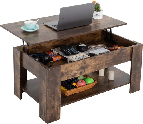 Miniatura 17 de FDW Mesa de Centro Elevable de 39.4 pulgadas con Compartimento Oculto y Estante de Almacenamiento, Tablero de Madera Elevable para Hogar, Sala