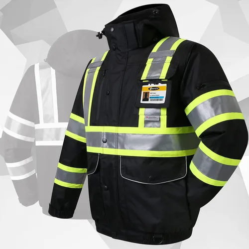 Miniatura 8 de JKSafety Chaqueta bomber de invierno reflectante 3M impermeable de alta visibilidad con 10 bolsillos, color negro, bolsillo seguro para tableta