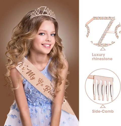 Miniatura 2 de Decoraciones de 7º cumpleaños para niñas – Tiara de corona de diamantes de imitación de oro rosa, decoración de pastel, velas de números y globos