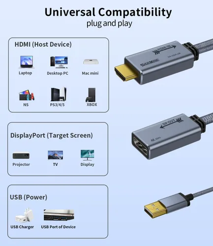 Miniatura 5 de Adaptador HDMI a DisplayPort 4K a 60Hz, convertidor HDMI 2.0 a DP 1.2, alimentado por USB, cable de 0.65 pies, unidireccional, compatible con PS5